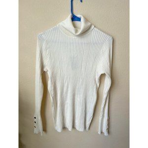 JM Collection Womens M Knit Top White Ribbed Turtleneck Stud Sleeve Pullover